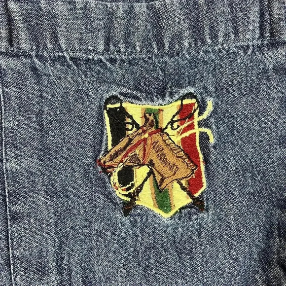 Vtg British Khaki Embroidered Horse Denim Button Up Women's 6 Chambray *READ - Picture 3 of 10